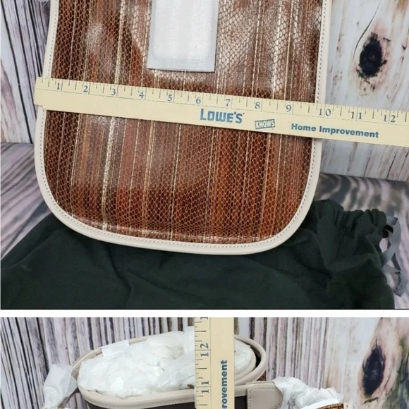 Brown and Cream Crossbody Bag with Wooden Body - Picture 3 of 6
